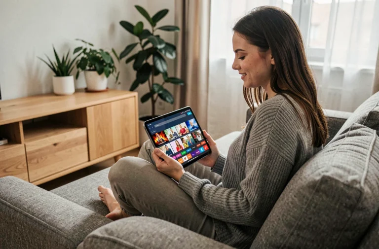 Femme regardant la TNT gratuitement sur une tablette depuis son salon moderne