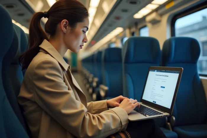 Femme dans un train Ouigo consultant le service client sur son ordinateur portable