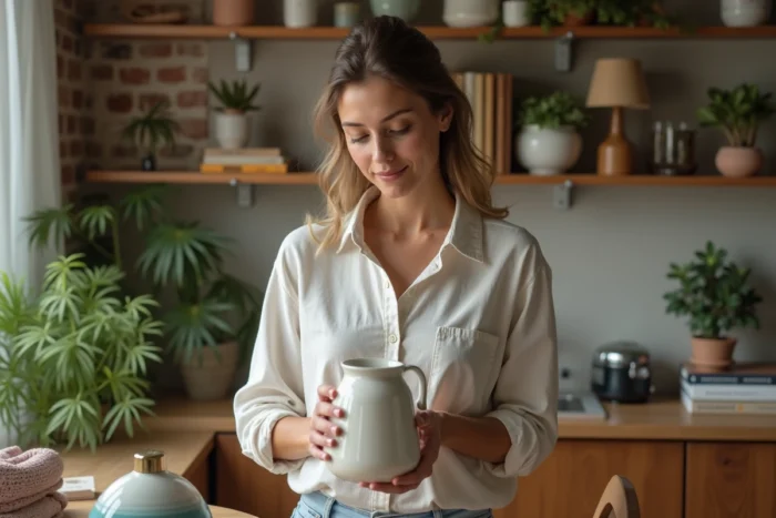 Femme inspectant un vase vintage lors d'un échange de troc à domicile