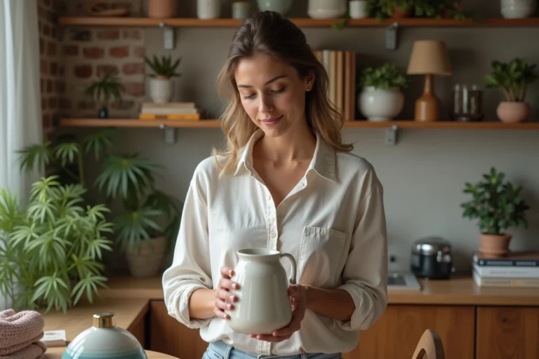 Femme inspectant un vase vintage lors d'un échange de troc à domicile