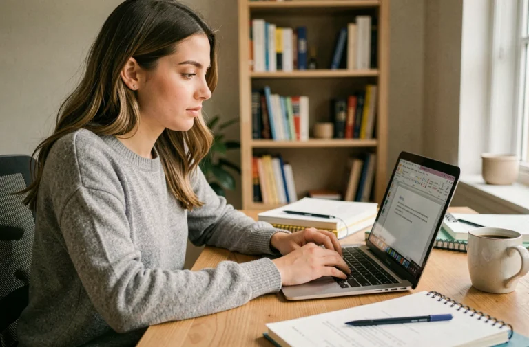 Jeune femme utilisant Microsoft Word gratuitement sur son ordinateur portable dans un bureau à domicile