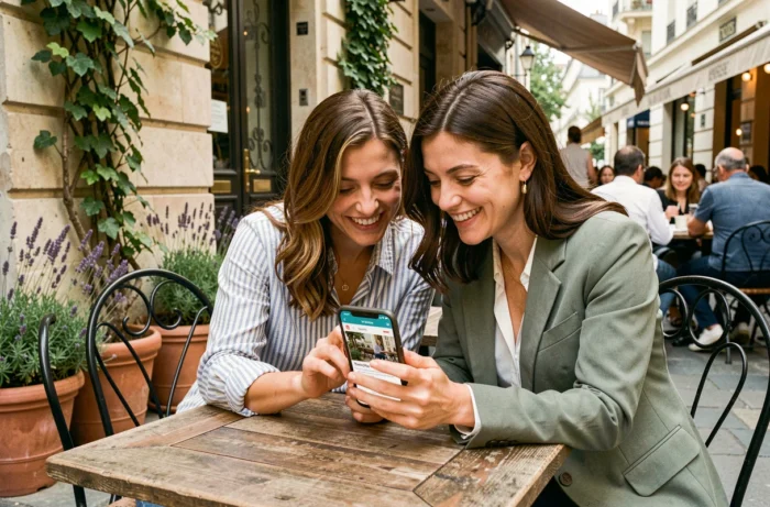 Deux femmes partageant des contenus d'un site lifestyle inspirant sur un smartphone en terrasse de café parisien