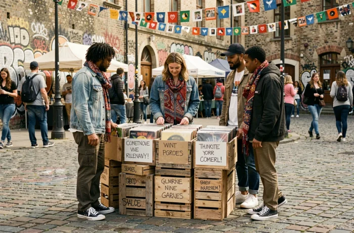 Groupe de jeunes adultes à un festival culturel urbain en plein air, découverte de vinyles et tendances 2024