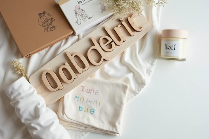 Flat lay de cadeaux originaux personnalisés pour célébrer une naissance, incluant puzzle prénom, livre personnalisé et lange brodé