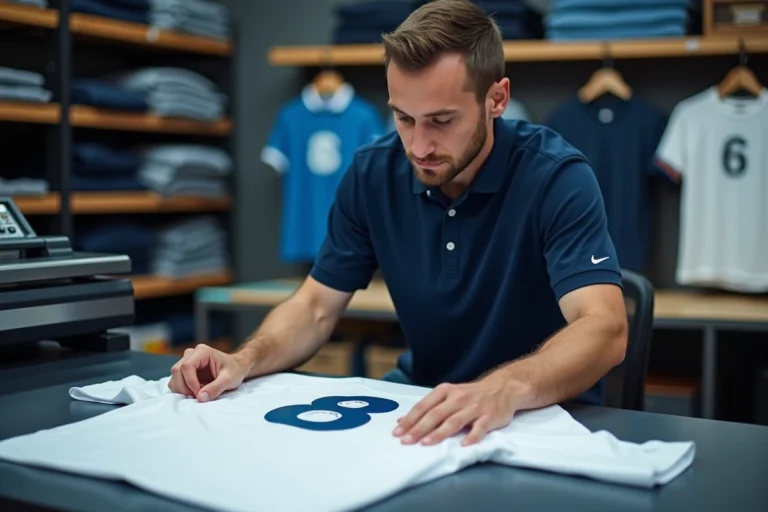 Employé Intersport en train d'appliquer un flocage thermique sur un maillot de football blanc avec une presse à chaud professionnelle