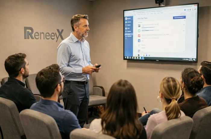 Formateur professionnel masculin animant une session de formation en présentiel devant un groupe de participants attentifs dans une salle de séminaire