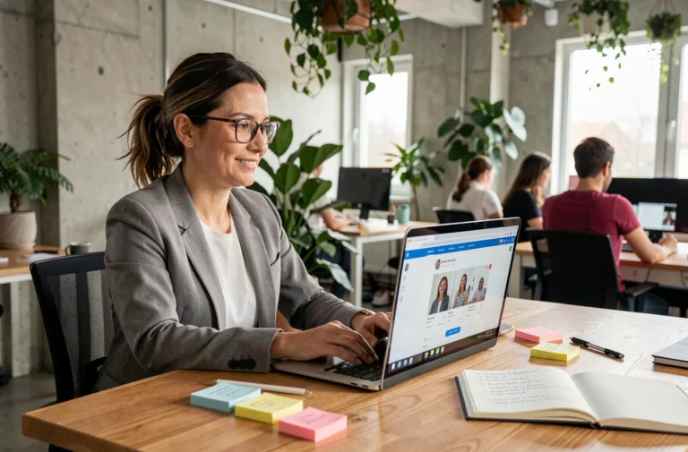 Femme en formation professionnelle en ligne dans un espace de coworking moderne, suivant un cours sur ordinateur portable avec des notes manuscrites
