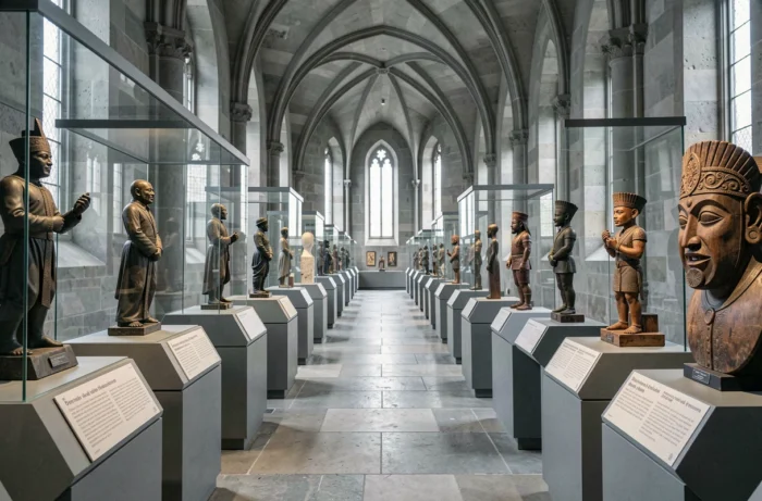 Galerie muséale présentant des artefacts africains issus de la période coloniale française sous vitrines