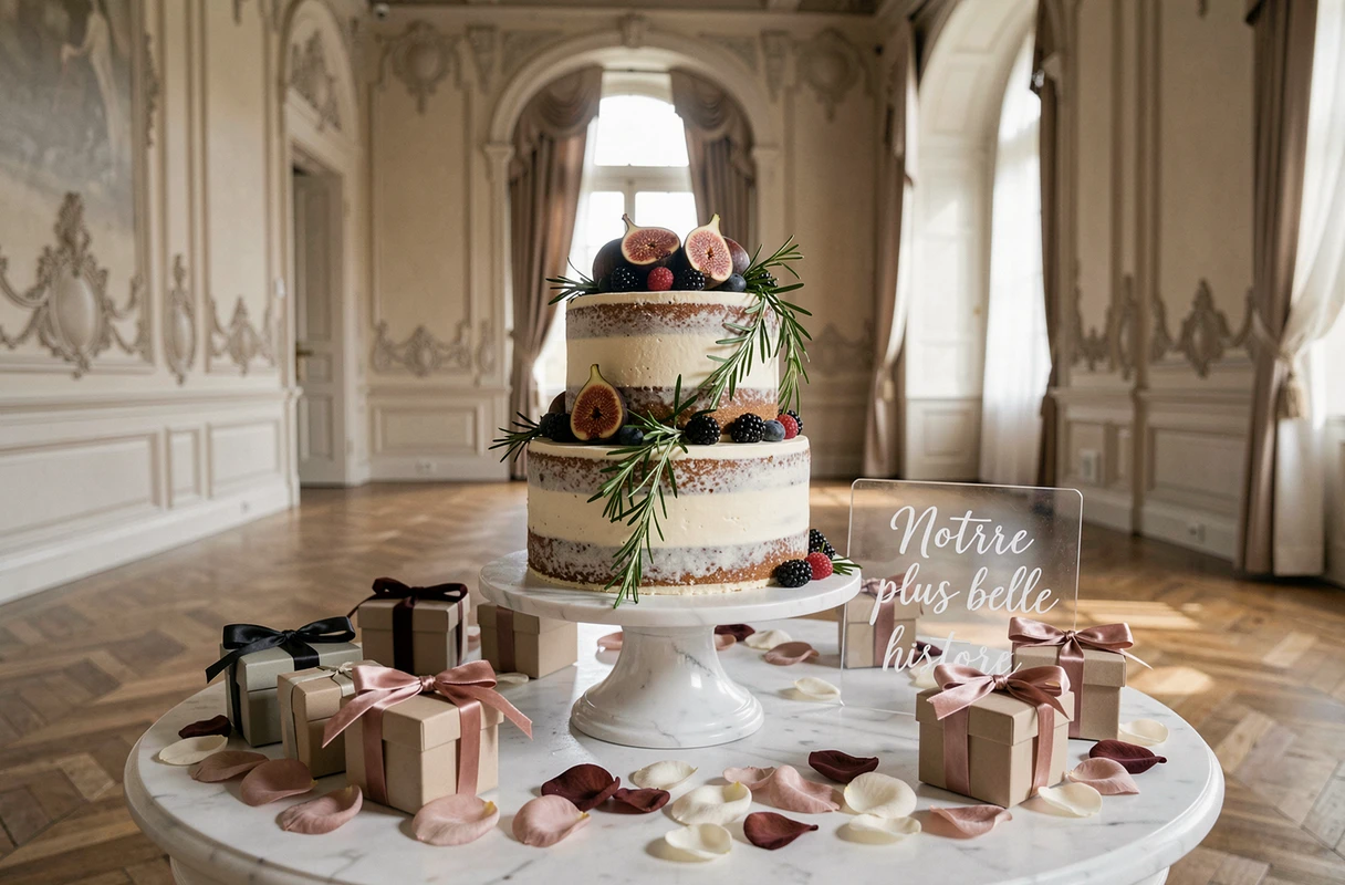 Pièce montée de mariage rustique chic dans un château avec décoration de figues et mûres et signe personnalisé