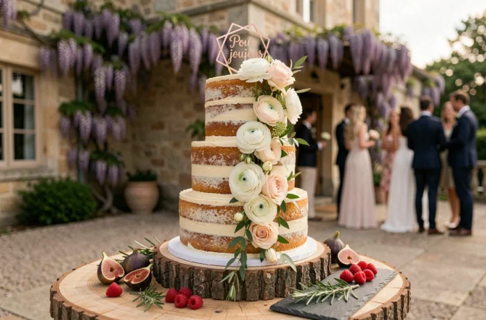 Gâteau de mariage naked cake à cinq étages décoré de fleurs fraîches sur terrasse de château avec fond de mariage en bokeh