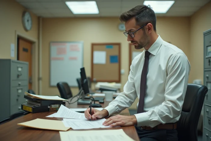 Greffier traitant des documents judiciaires officiels dans un bureau de tribunal