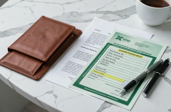 Gros plan d'une carte verte d'assurance posée sur une table avec numéro de contrat visible