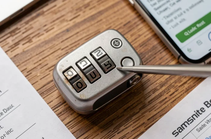 Gros plan sur les molettes du cadenas TSA007 d'une valise Samsonite lors de la réinitialisation du code