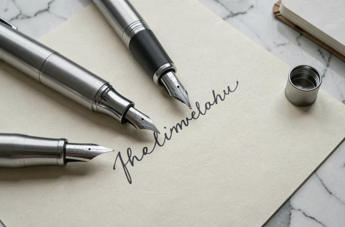 Gros plan de stylos bille premium disposés sur une feuille avec une écriture nette sans bavure
