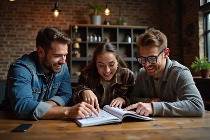 Groupe d'adultes collaborant sur des énigmes d'une salle d'évasion autour d'une table avec livre de puzzles et tablette