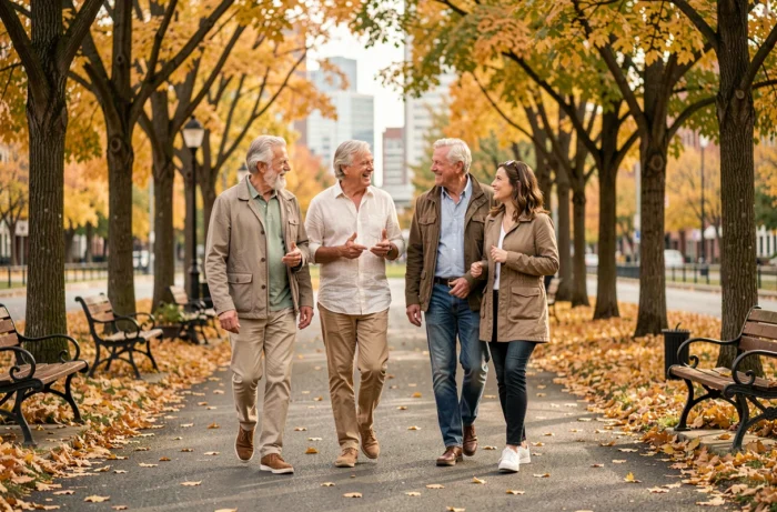 Un groupe de seniors dynamiques se promènent dans un parc en automne, symbolisant l'élargissement du cercle social et les nouvelles amitiés après 50 ans