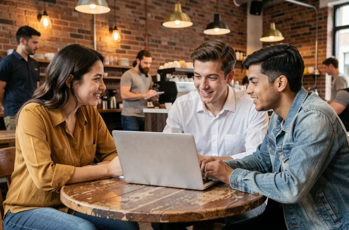 Groupe de jeunes adultes collaborant autour d'une formation digitale en ligne sur un ordinateur portable dans un café urbain