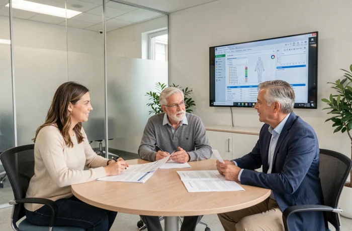 Groupe de professionnels discutant des dernières actualités santé autour d'une table de réunion en clinique