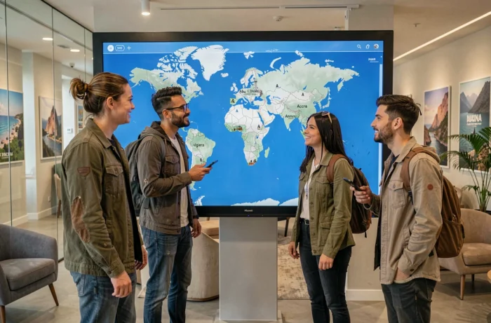 Groupe de voyageurs découvrant les capitales mondiales commençant par A sur une carte interactive dans une agence de voyage