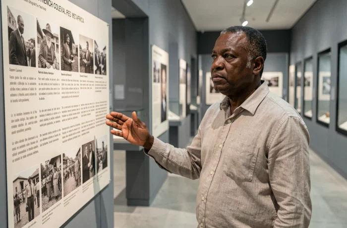 Historien africain contemplant une exposition muséale sur la colonisation française en Afrique de l'Ouest
