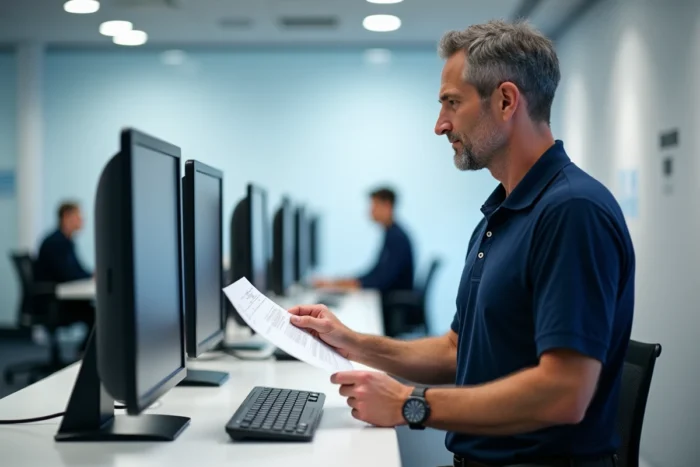 Homme consultant le portail Arena sur un terminal informatique dans un bureau administratif de Montpellier
