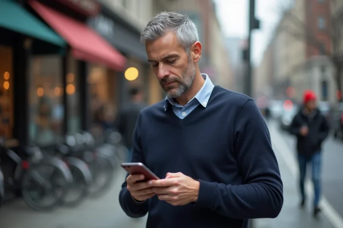 Homme consultant les actualités sur smartphone dans une rue animée de la ville