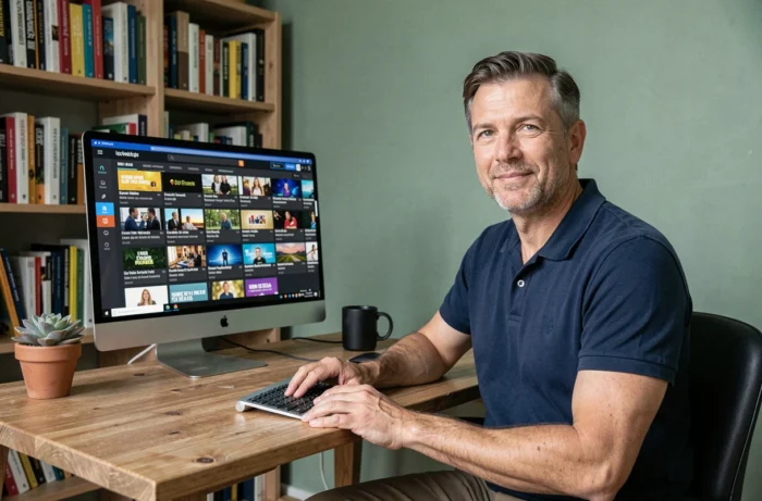 Homme utilisant une application TNT gratuite sur ordinateur de bureau à domicile