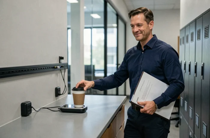 Homme au bureau en espace de travail partagé utilisant des accessoires pratiques comme un chauffe-mug connecté et un hub USB pour optimiser sa productivité