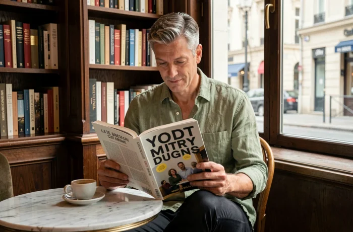 Homme lisant un magazine culturel dans un café littéraire parisien, tendances culturelles et lecture 2024