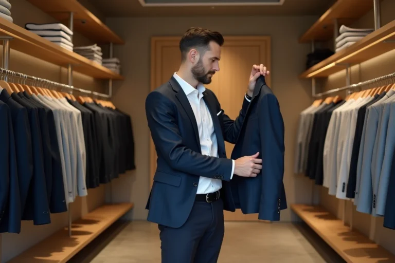 Homme élégant en boutique choisissant un blazer marine sur un portant, tenue chic décontractée, conseils mode homme