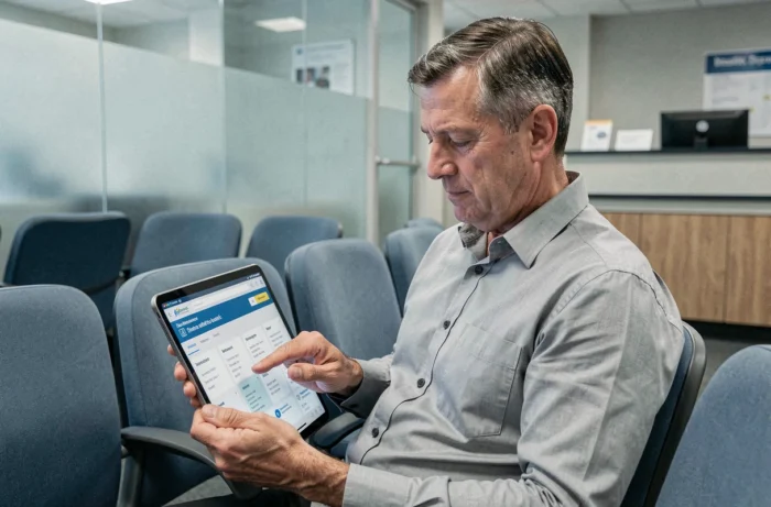 Homme d'âge mûr comparant des offres de mutuelle santé sur une tablette dans une salle d'attente médicale moderne