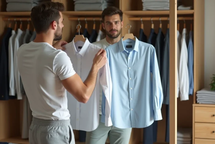 Homme comparant deux chemises devant un miroir de chambre avec une garde-robe organisée, guide choix vêtements homme