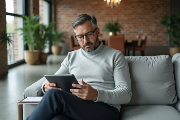 Homme consultant une plateforme d'annonces immobilières sur tablette dans un appartement contemporain