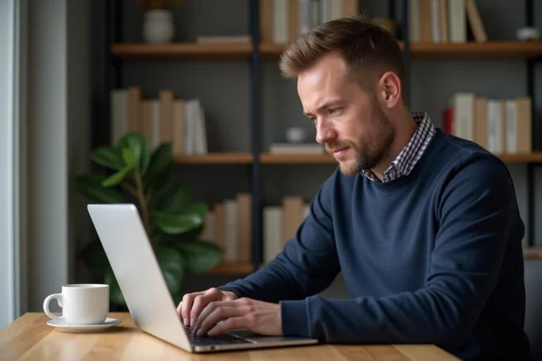Homme consultant des avis clients sur un site automobile depuis son bureau à domicile
