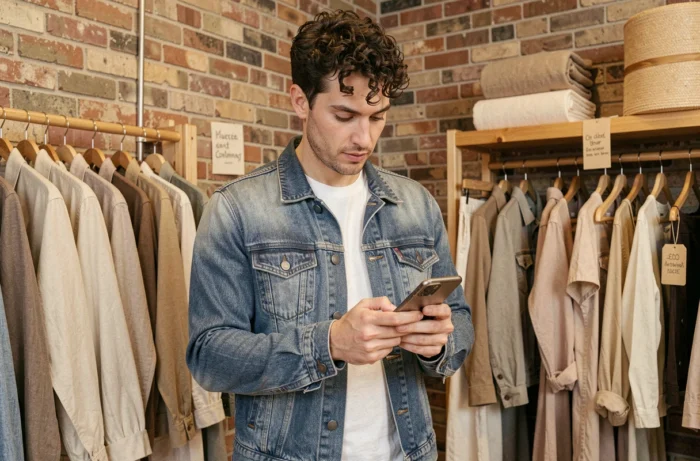 Homme consultant un site de mode responsable sur smartphone dans une boutique de vêtements éco-responsables