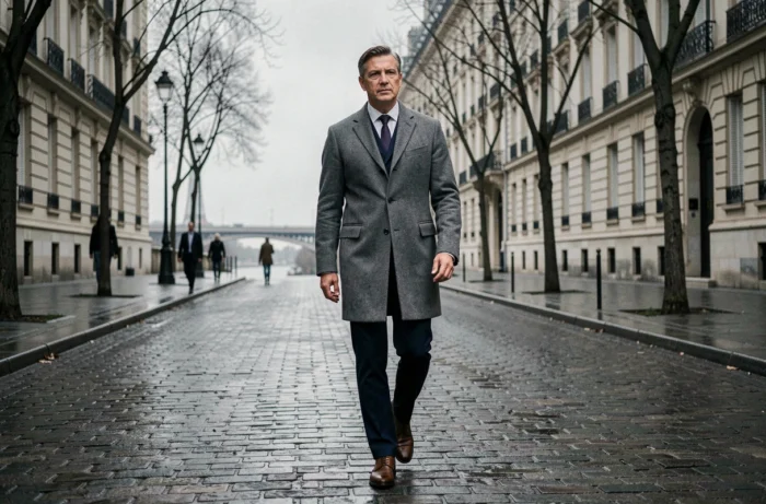 Homme élégant et discret marchant rue pavée parisienne sous ciel gris, portrait journalistique mystérieux
