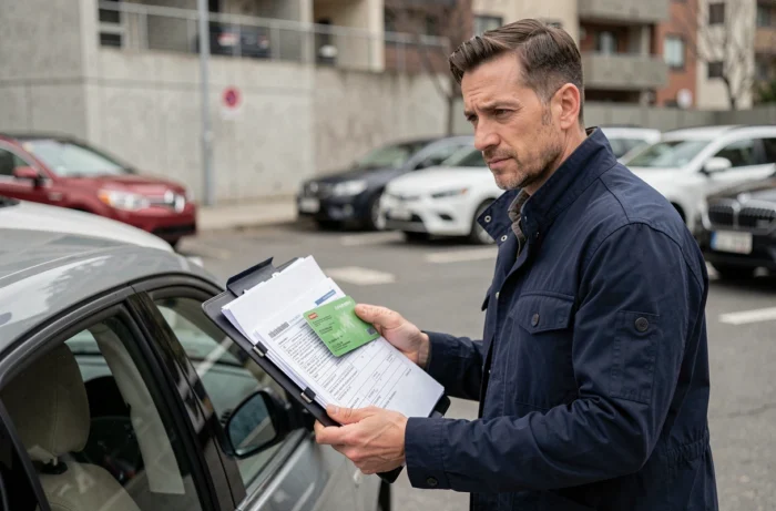 Homme consultant ses documents d'assurance auto dont la carte verte dans un parking urbain