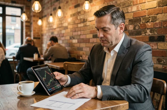 Homme d'affaires consultant des données boursières sur une tablette dans un café urbain