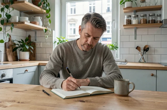 Homme pratiquant l'écriture thérapeutique dans sa cuisine scandinave, journal ouvert sur la table, dans le cadre d'un suivi en thérapie brève