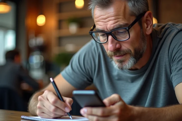 Homme d'âge moyen résolvant une énigme de jeu Rooms and Exits sur smartphone dans un café avec carnet de notes