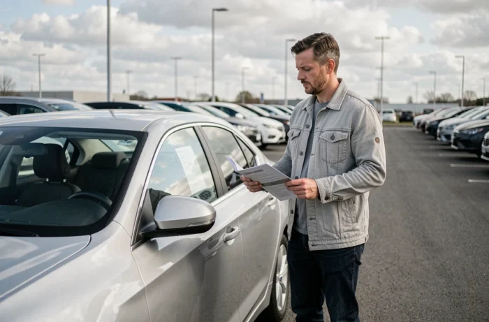Un homme examine une voiture neuve dans un grand parking de concessionnaire automobile
