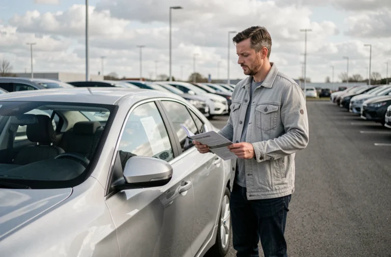Un homme examine une voiture neuve dans un grand parking de concessionnaire automobile