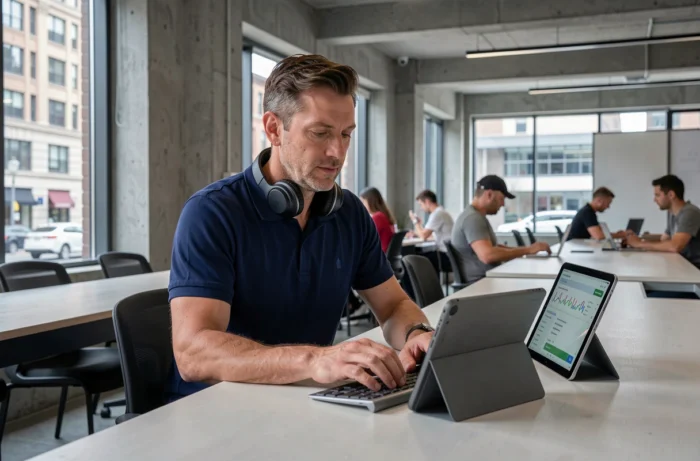 Homme en formation en ligne dans un espace de co-working moderne avec tablette numérique et casque audio posé sur les épaules