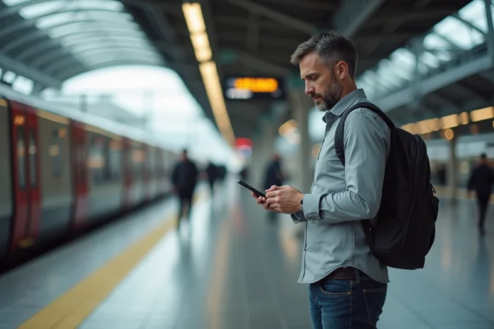 Homme cherchant le numéro de service client Ouigo sur son téléphone en gare