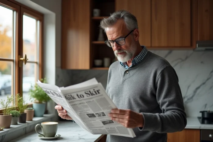 Homme lisant le journal du matin avec un café dans une cuisine contemporaine