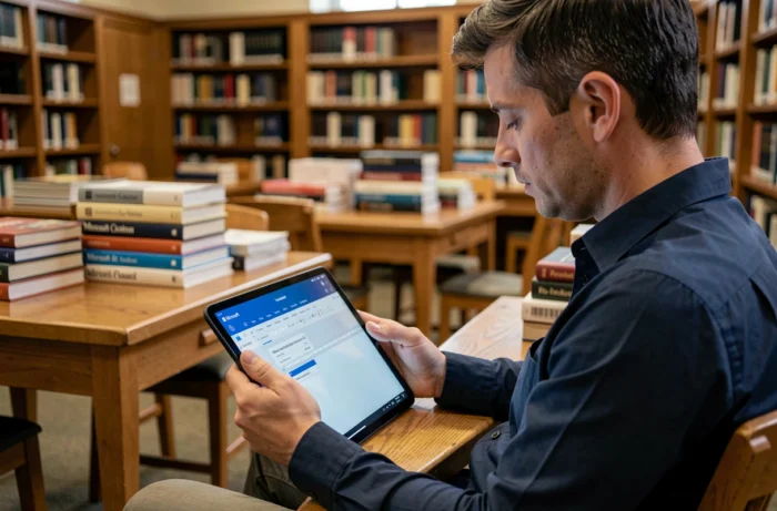 Homme consultant Microsoft Word en ligne gratuitement sur une tablette dans une bibliothèque universitaire