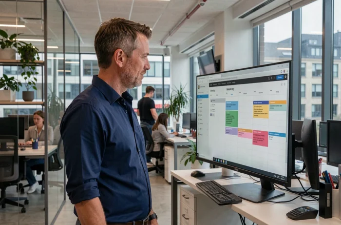 Homme consultant un planificateur hebdomadaire numérique sur un grand écran dans un bureau moderne en open space