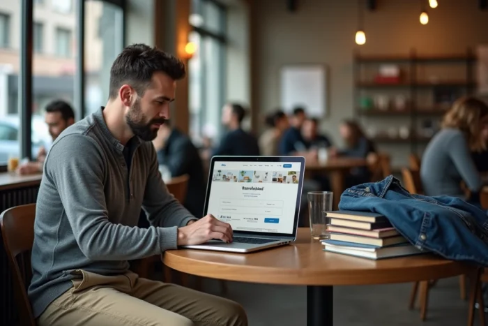 Homme utilisant une plateforme de troc en ligne dans un café avec des objets à échanger