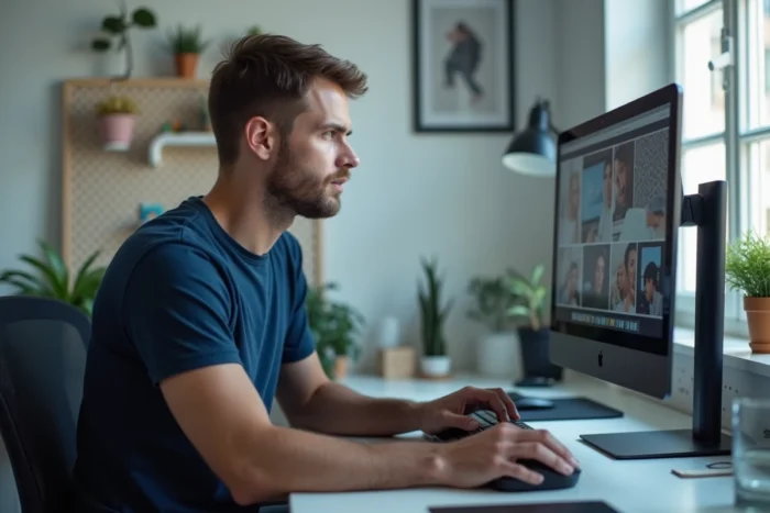 Homme naviguant sur un site de streaming légal gratuit depuis son bureau à domicile