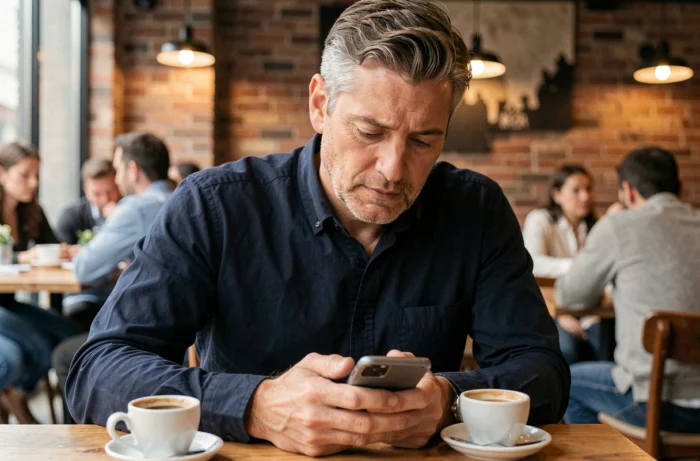 Homme consultant son smartphone pour trouver des informations dans un café urbain